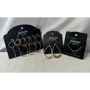 Set of 6 New Gold Hoop Earrings, A Gold Heart Necklace, and Teardrop Earrings